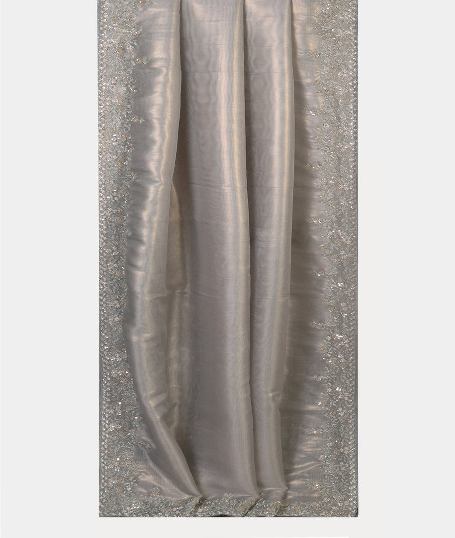 Silver Kora Tissue Organza Embroidery Saree T4432032