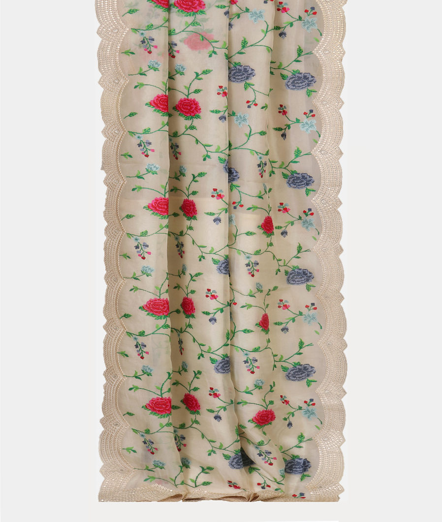 Off - White Kora Organza Embroidery Saree T4326912