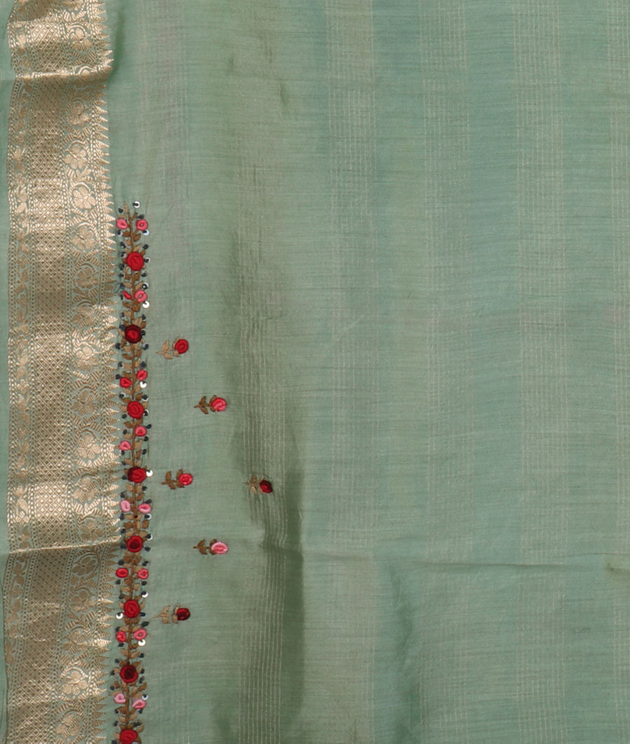 Green Kora Organza Embroidery Saree T3663393