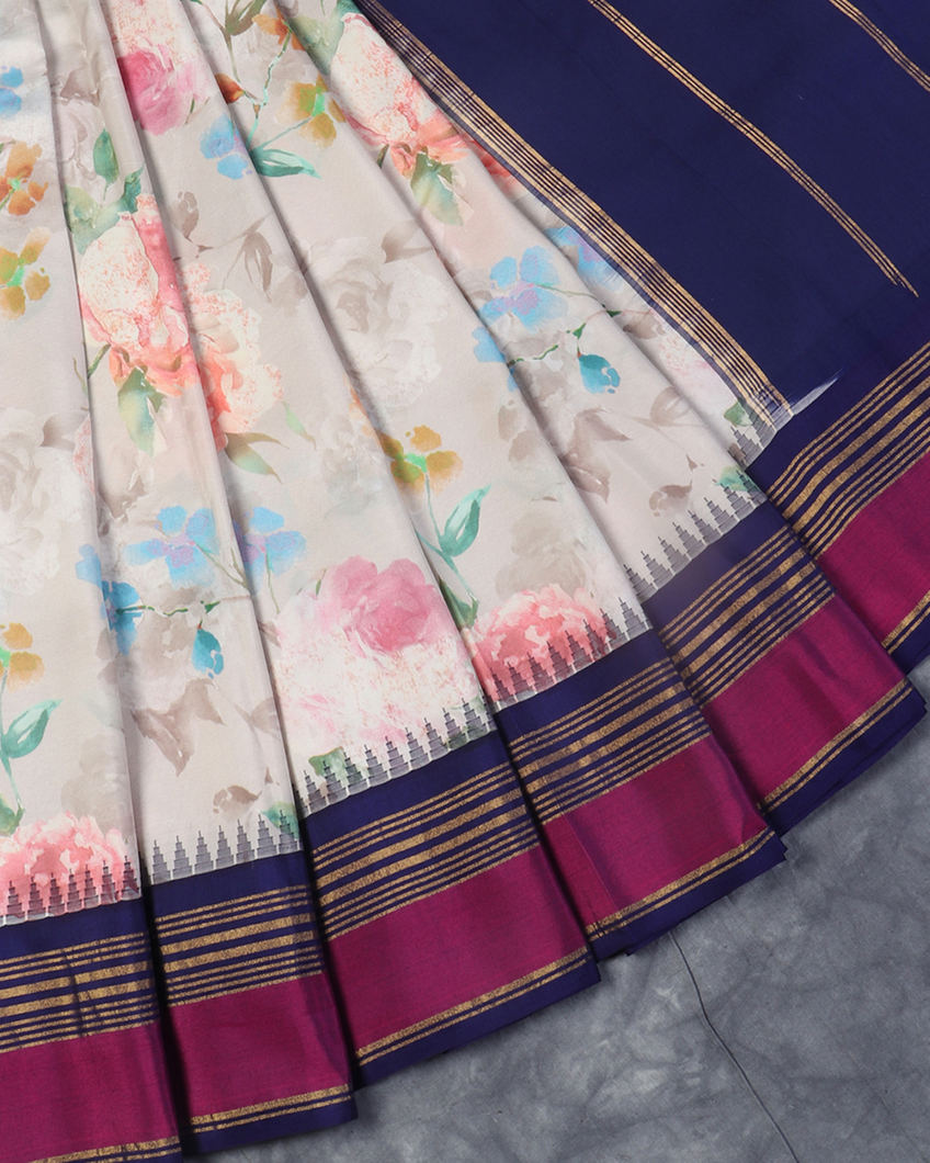 Grey Printed Soft Silk Saree T4444562