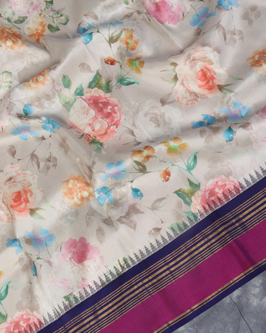 Grey Printed Soft Silk Saree T4444564