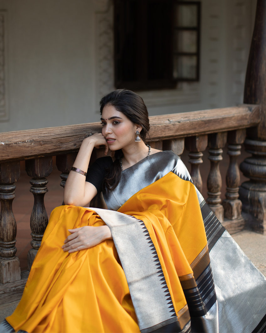 Lemon Yellow and Black color kanchi pattu handloom saree with temple border  saree design -KANP0001194