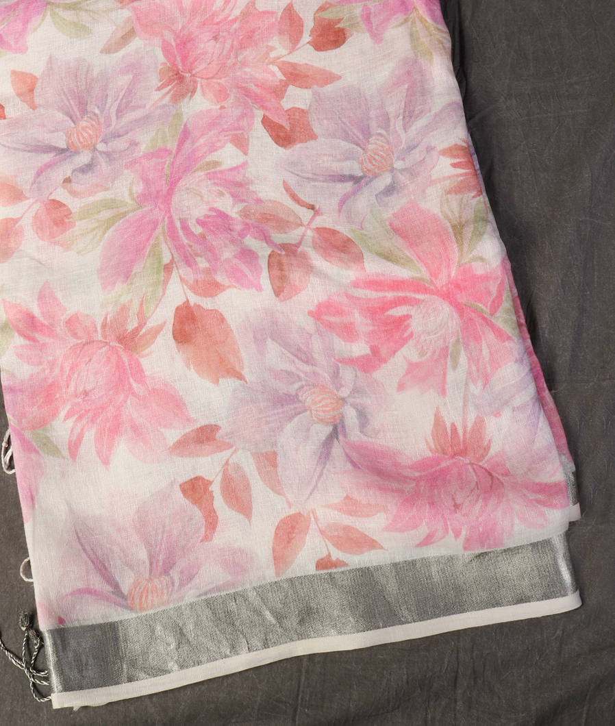 White Linen Printed Saree T448796-image