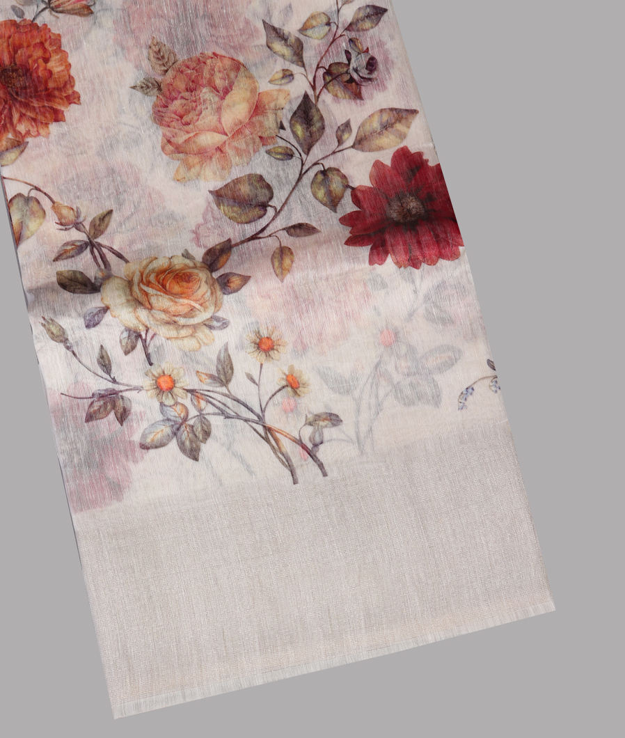 White Linen Printed Saree T446707-image