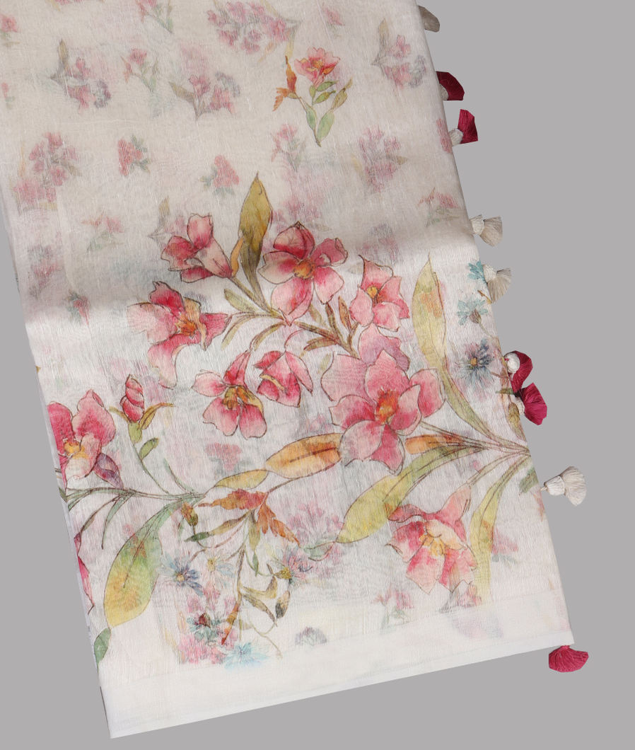 White Linen Printed Saree T442060-image