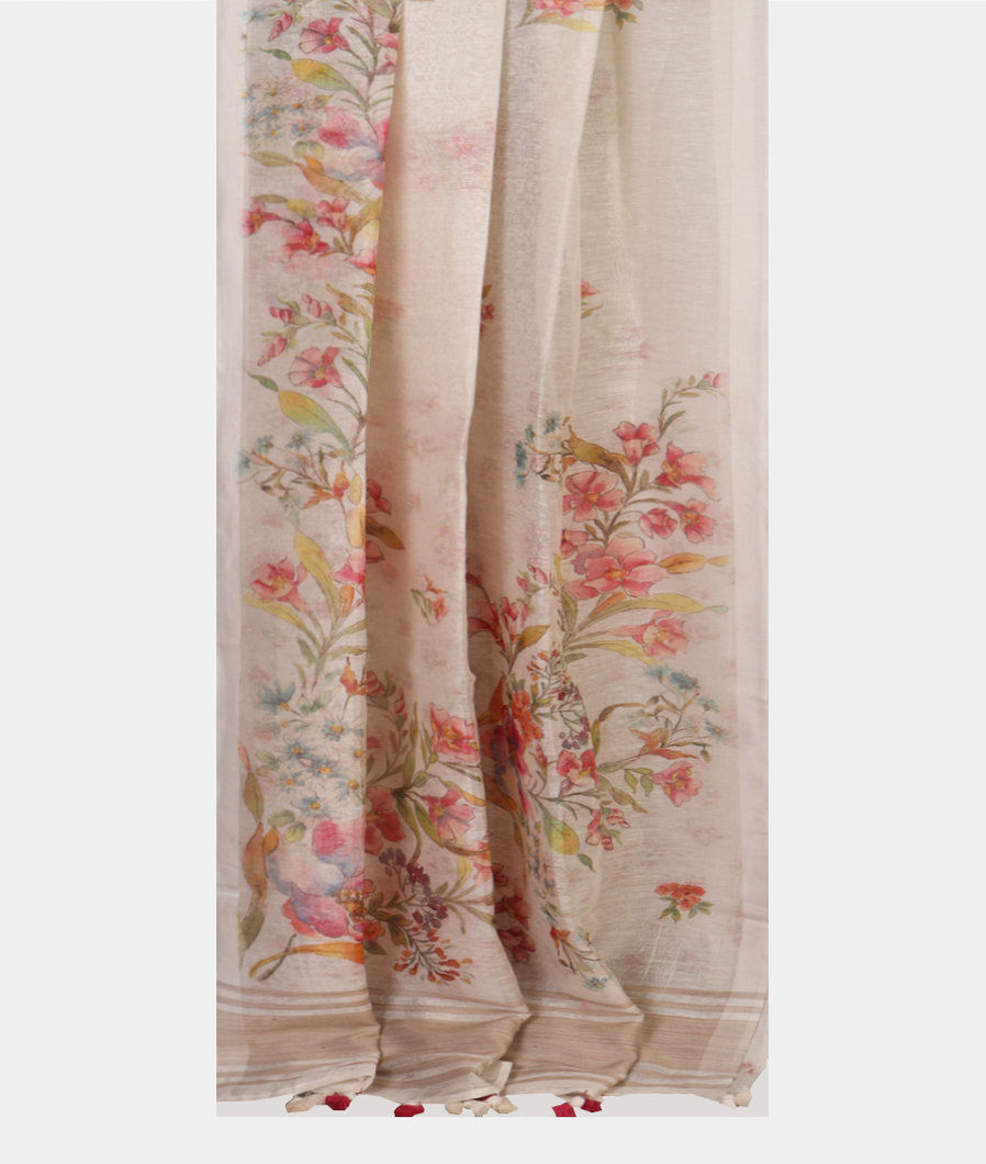 White Linen Printed Saree T4420602