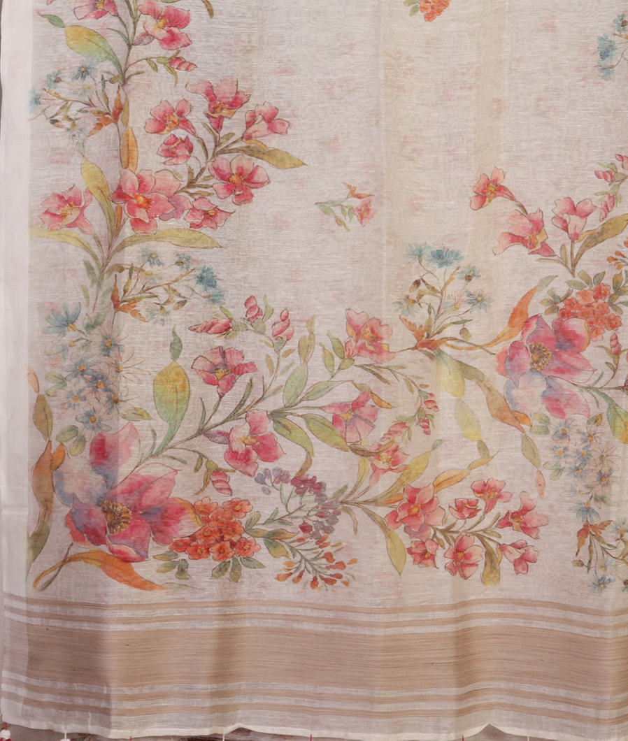 White Linen Printed Saree T4420604