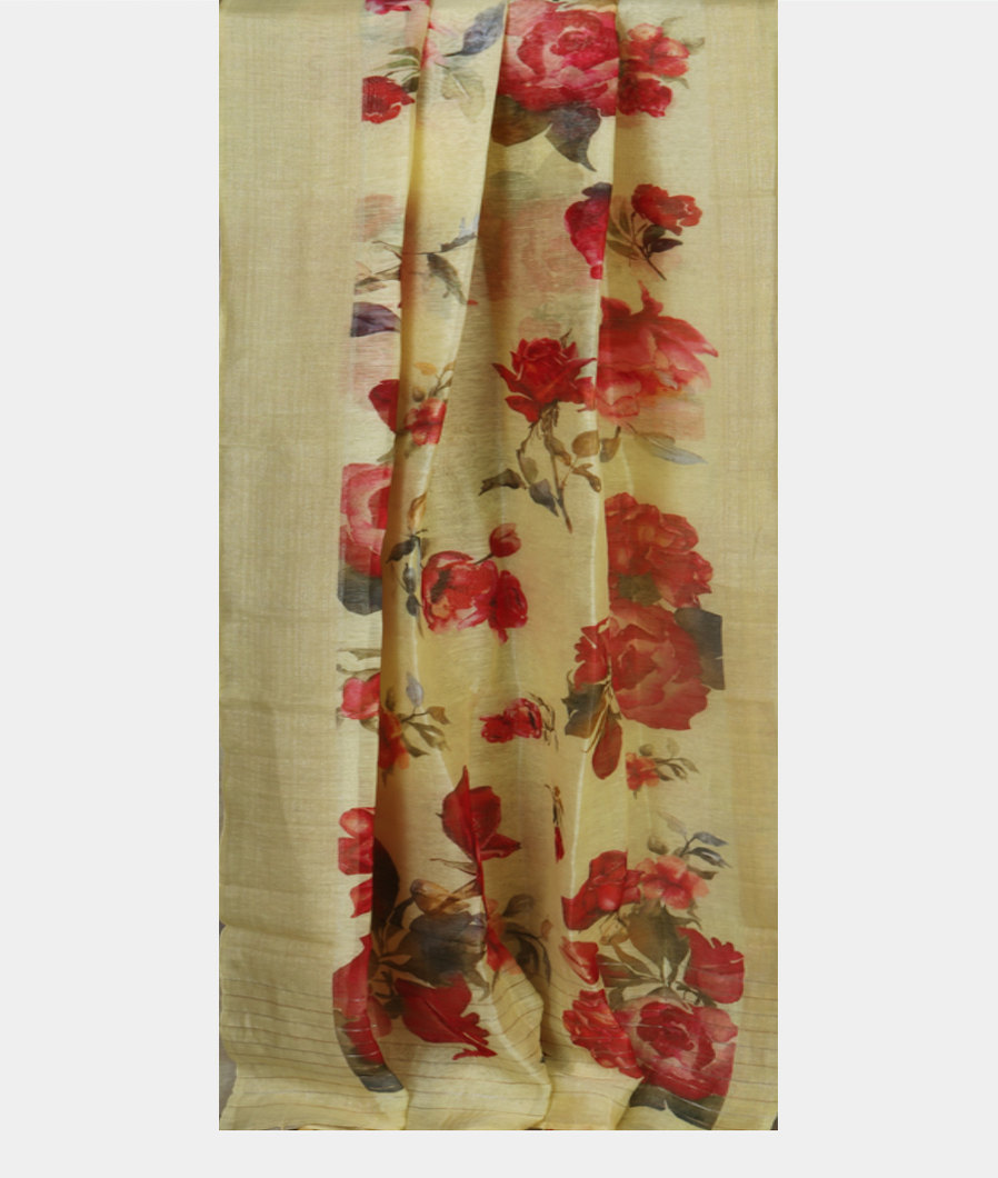 Yellow Linen Printed Saree T4467062