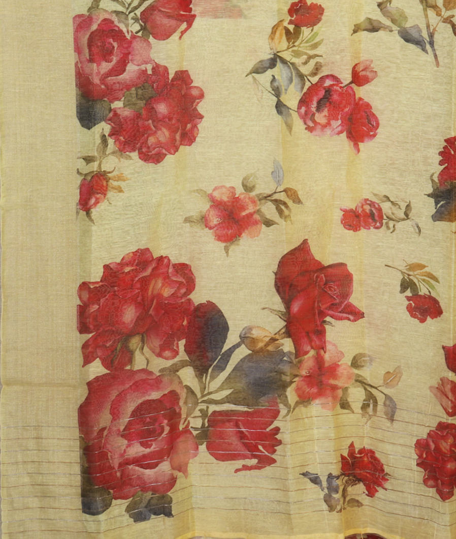 Yellow Linen Printed Saree T4467064