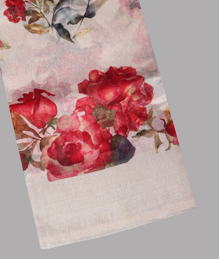 White Linen Printed Saree T446704-image