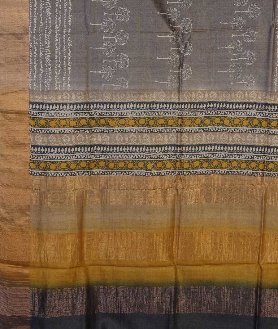 Grey Tussar Printed Saree T4233804