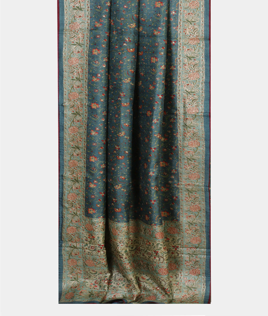 Blue Tussar Embroidery Saree T3691602