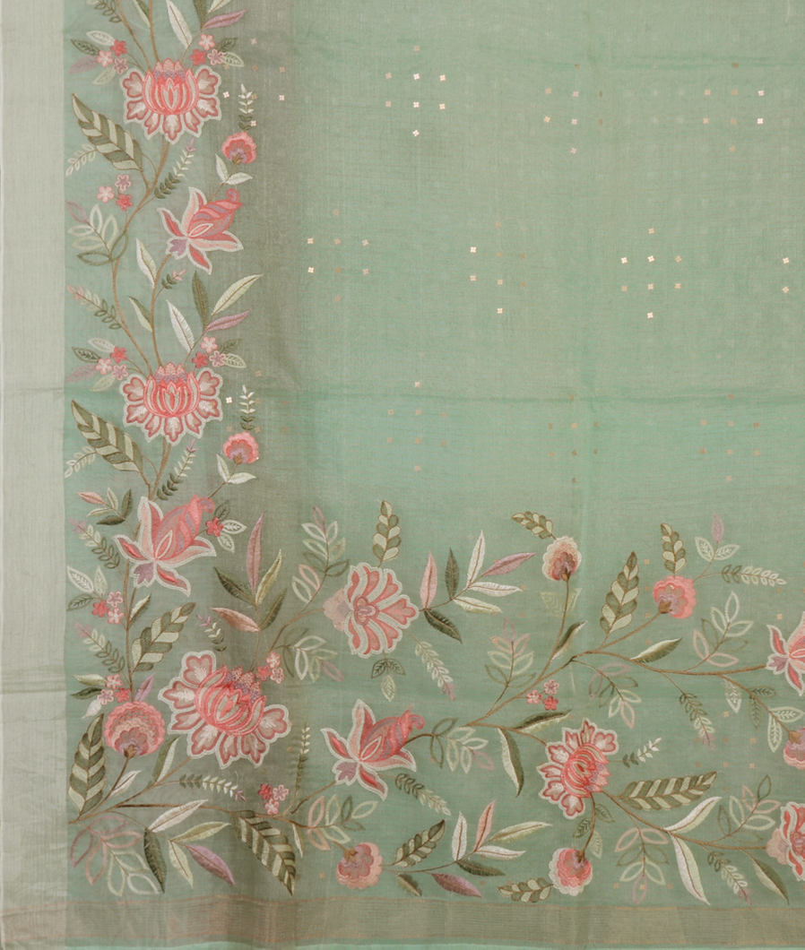 Green Kora Organza Embroidery Saree T4356194