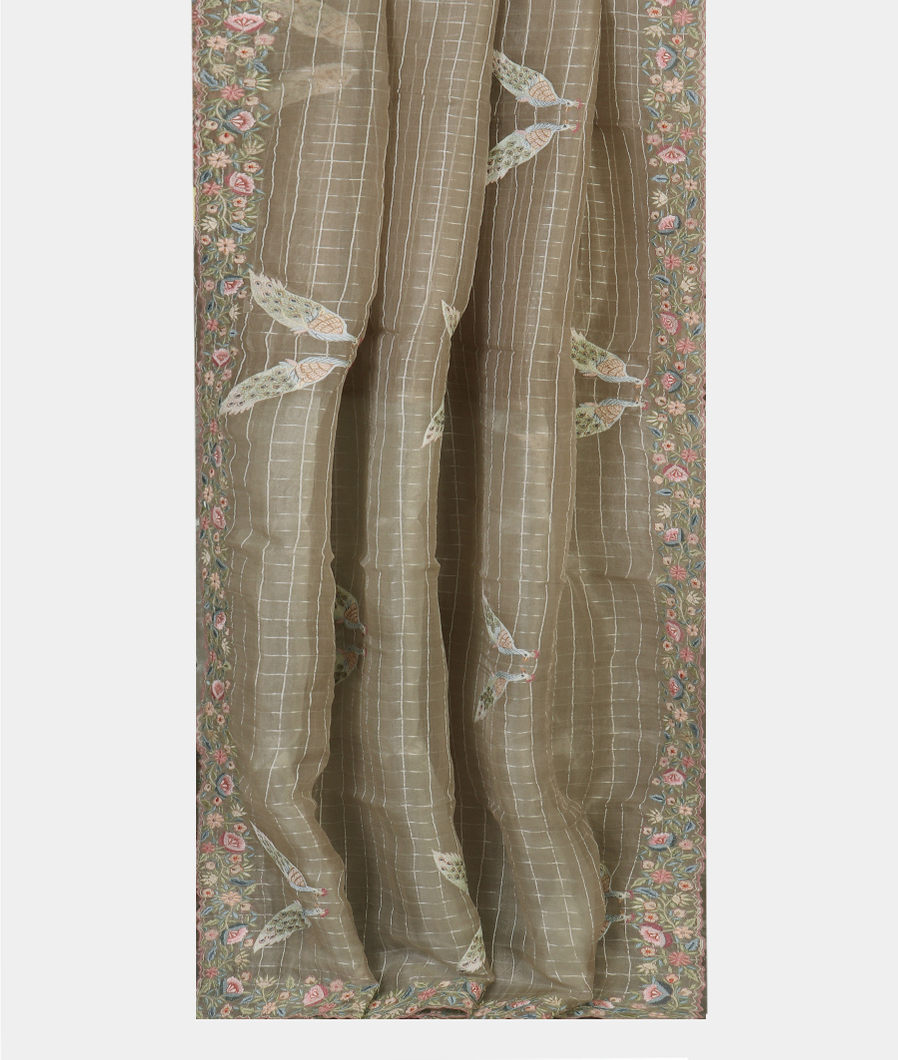Grey Kora Organza Embroidery Saree T4326892
