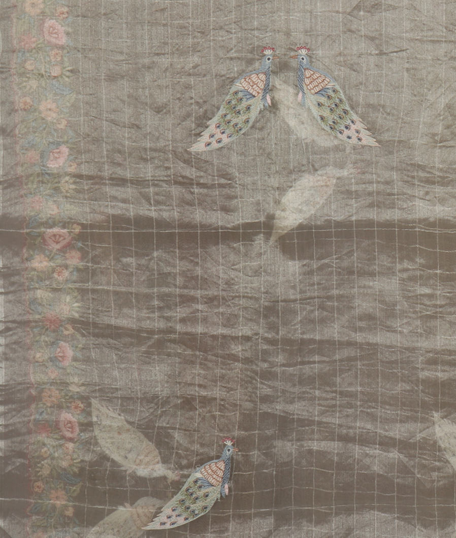 Grey Kora Organza Embroidery Saree T4326893