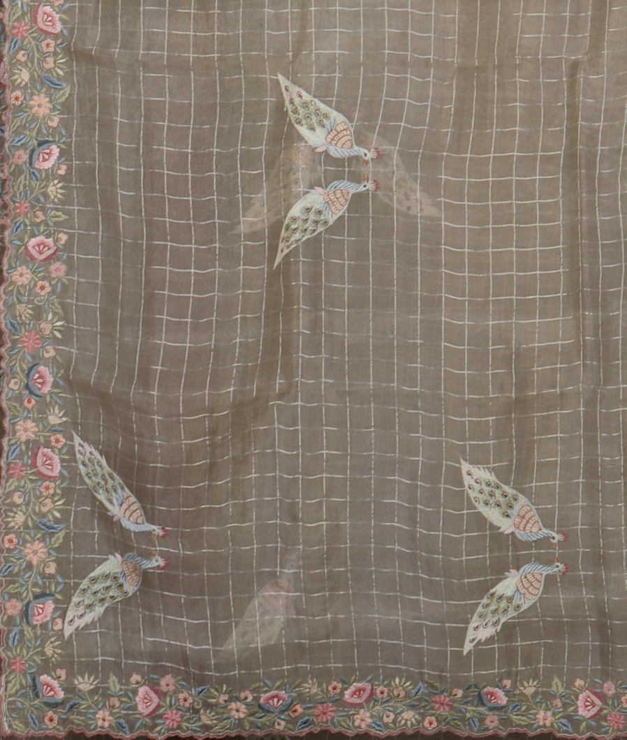 Grey Kora Organza Embroidery Saree T4326894