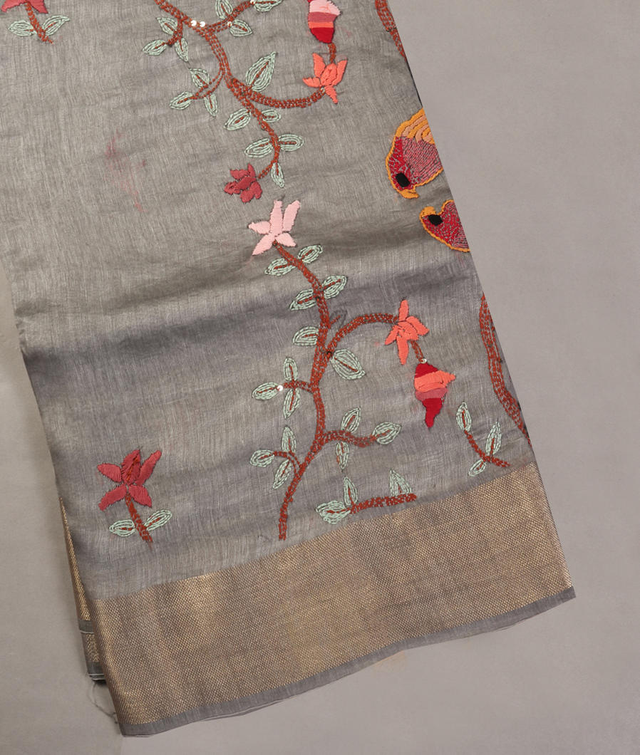 Grey Linen Embroidery Saree T451732-image