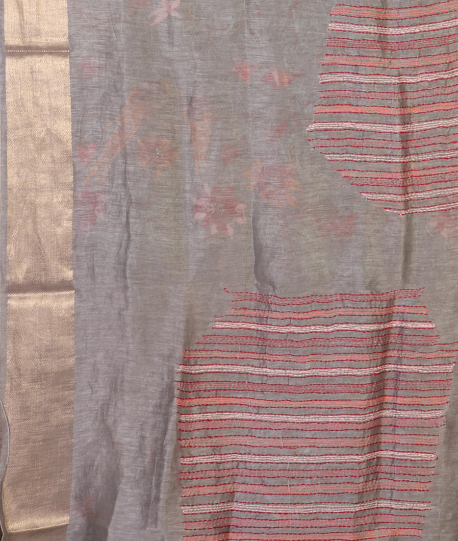 Grey Linen Embroidery Saree T4517323