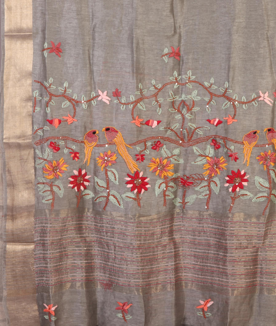 Grey Linen Embroidery Saree T4517324