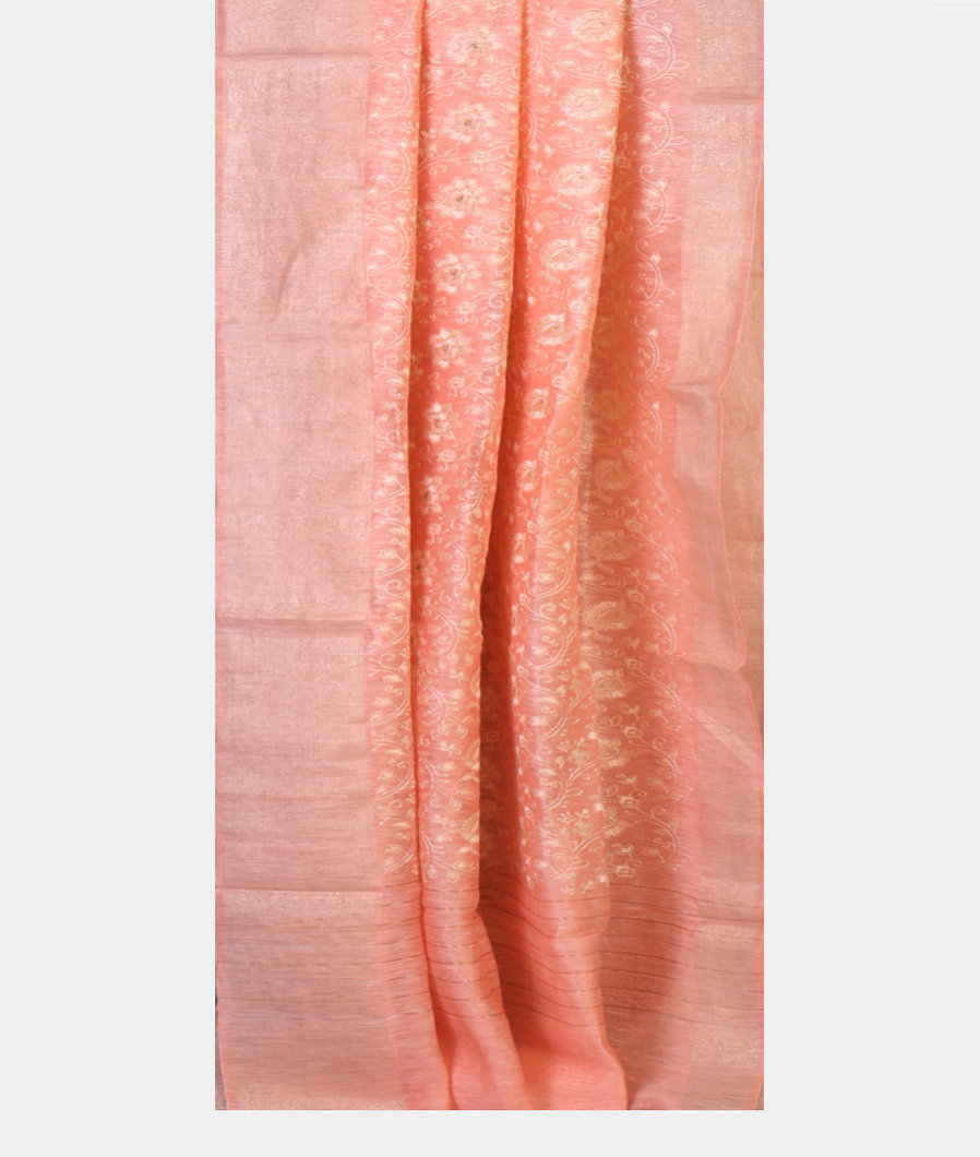 Peach Linen Embroidery Saree T4517302
