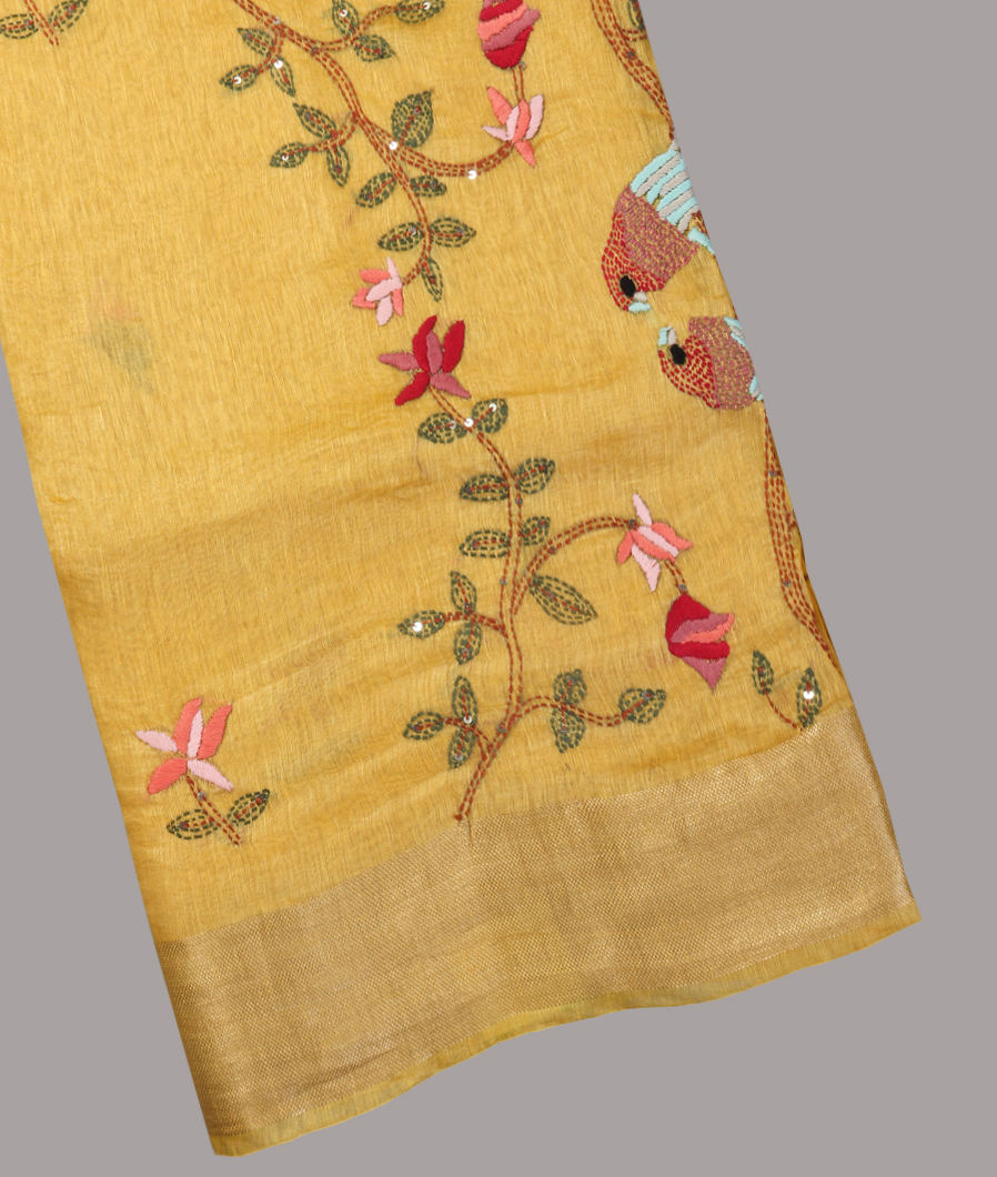 Yellow Linen Hand Embroidery Saree T451736-image