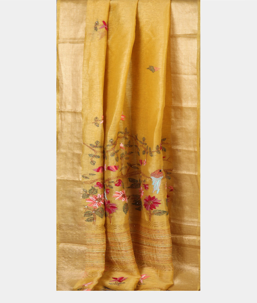 Yellow Linen Hand Embroidery Saree T4517362