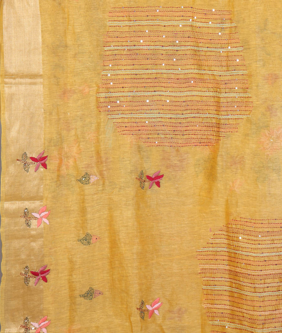 Yellow Linen Hand Embroidery Saree T4517363