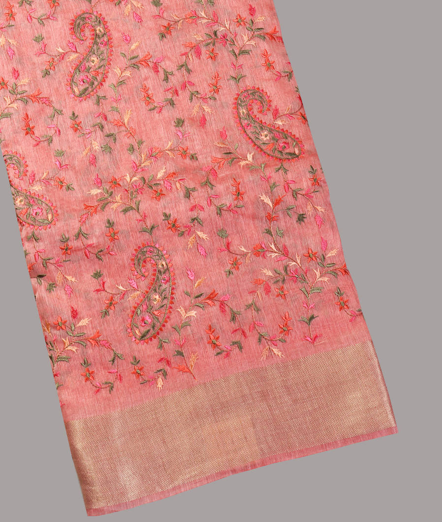 Buy Pink Linen Embroidery Saree T451697