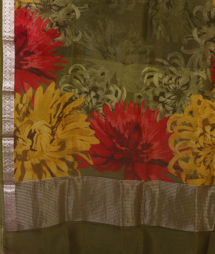 Green Kora Organza Printed Saree T4376564