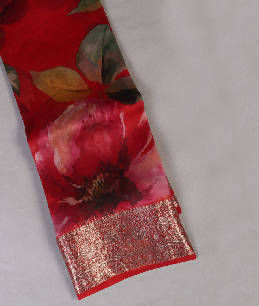 Red Kora Organza Printed Saree T437666-image