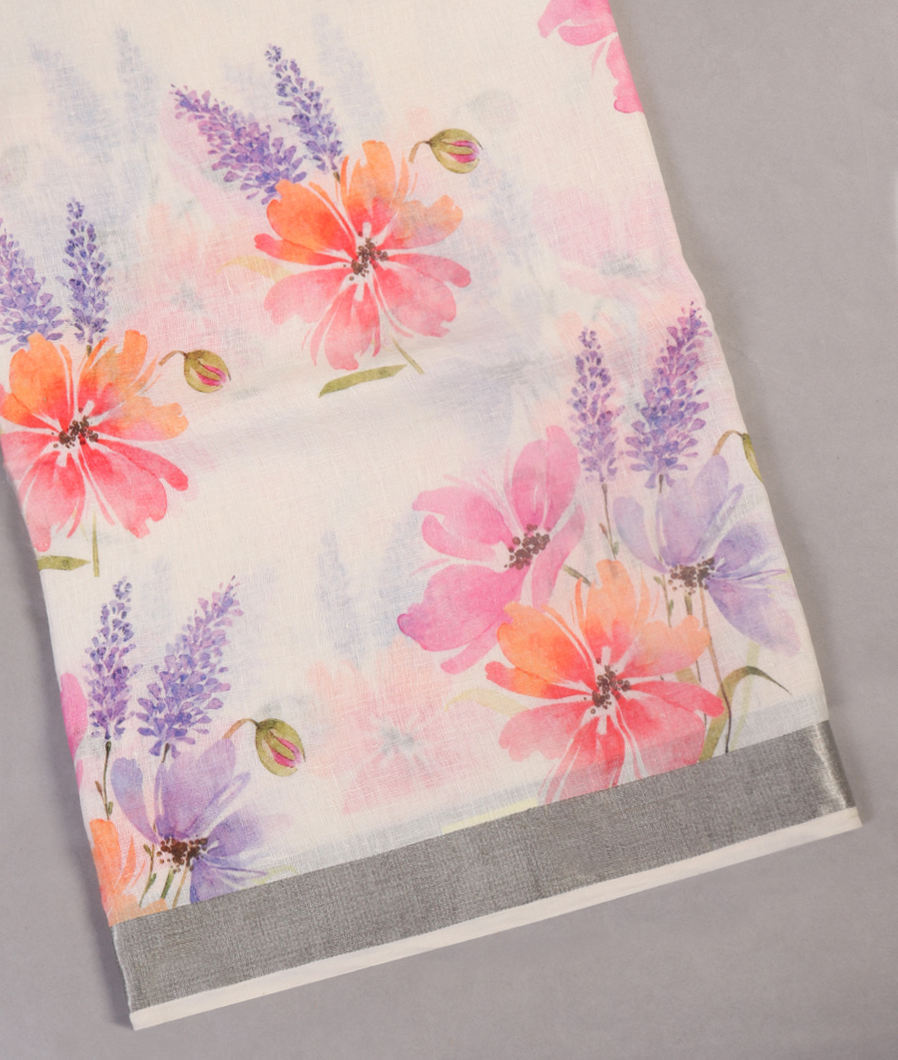 White Linen Printed Saree T451779-image