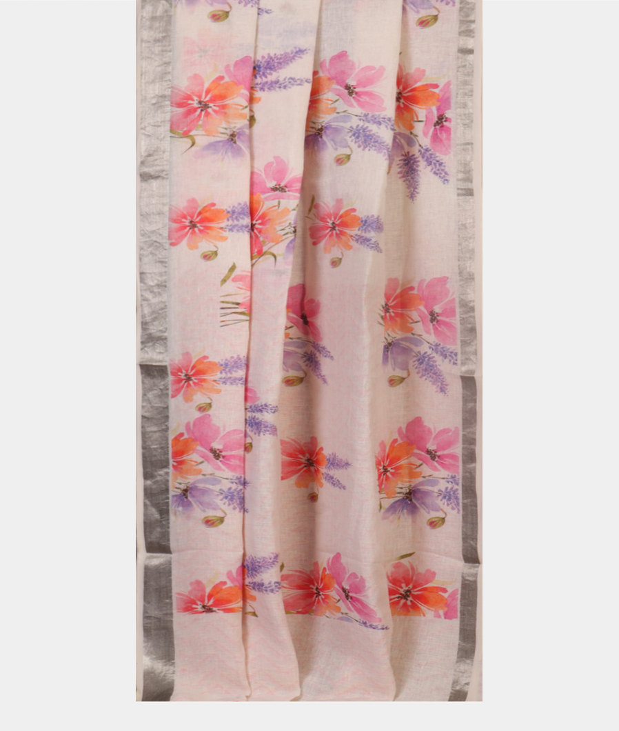 White Linen Printed Saree T4517792