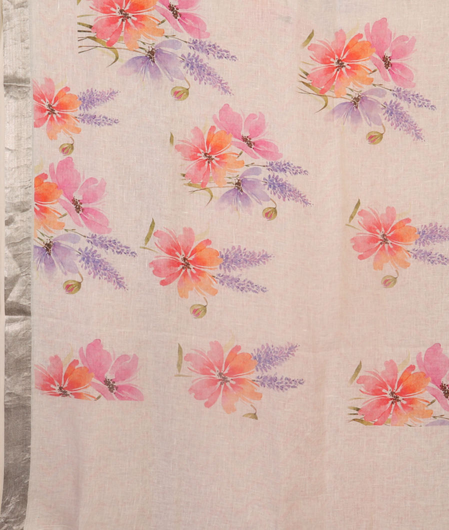 White Linen Printed Saree T4517794