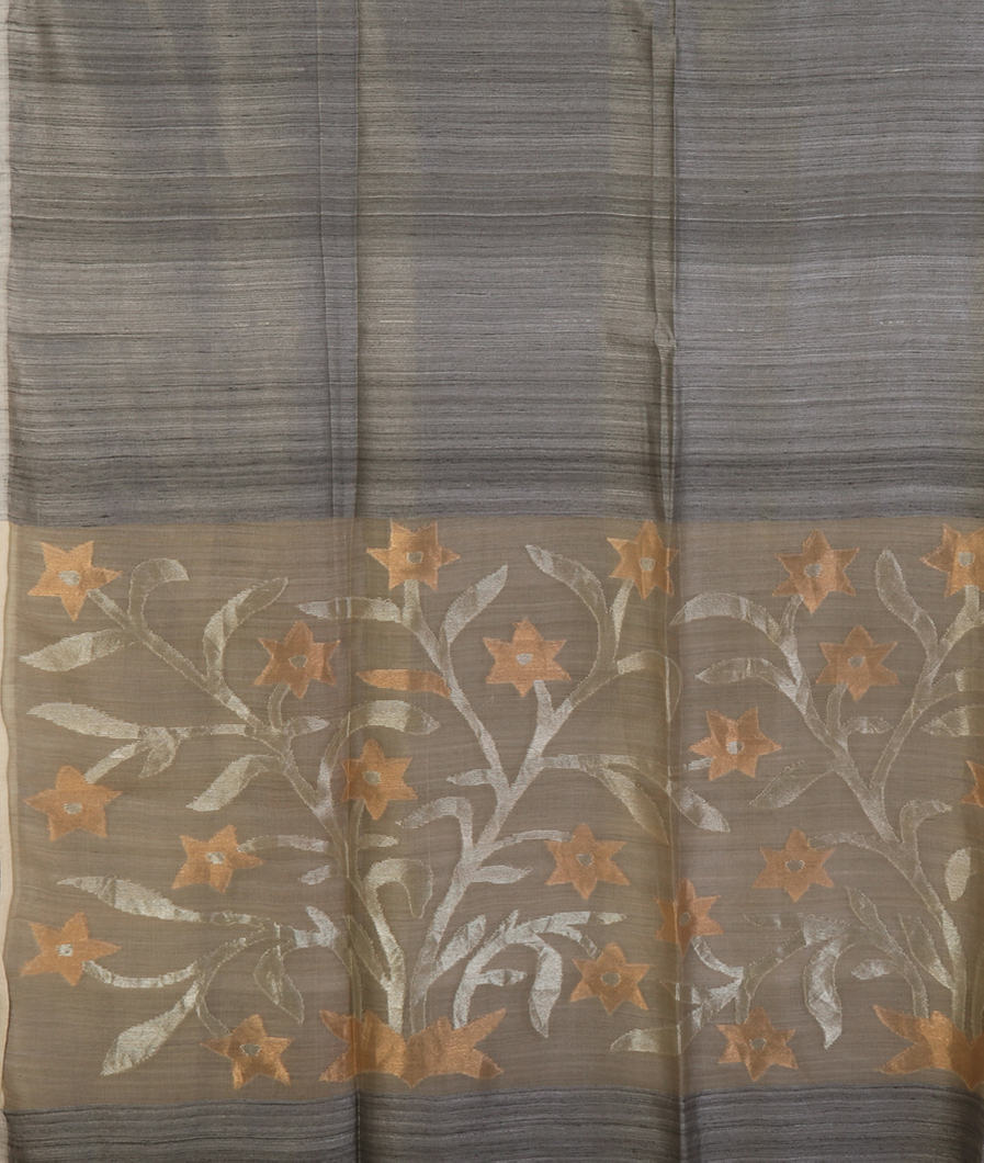 Grey Handwoven Tussar Saree T4468794