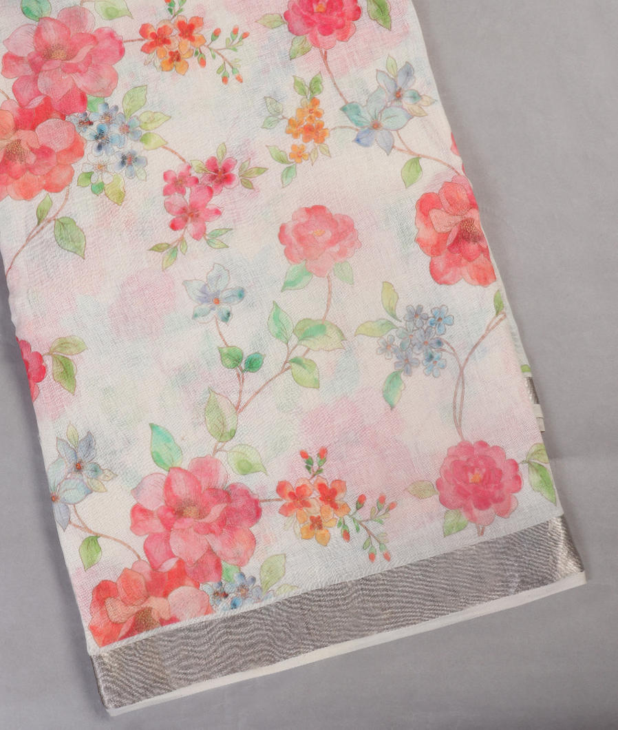 White Linen Printed Saree T451758-image