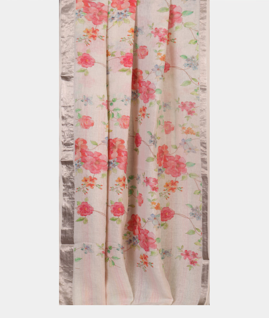 White Linen Printed Saree T4517582