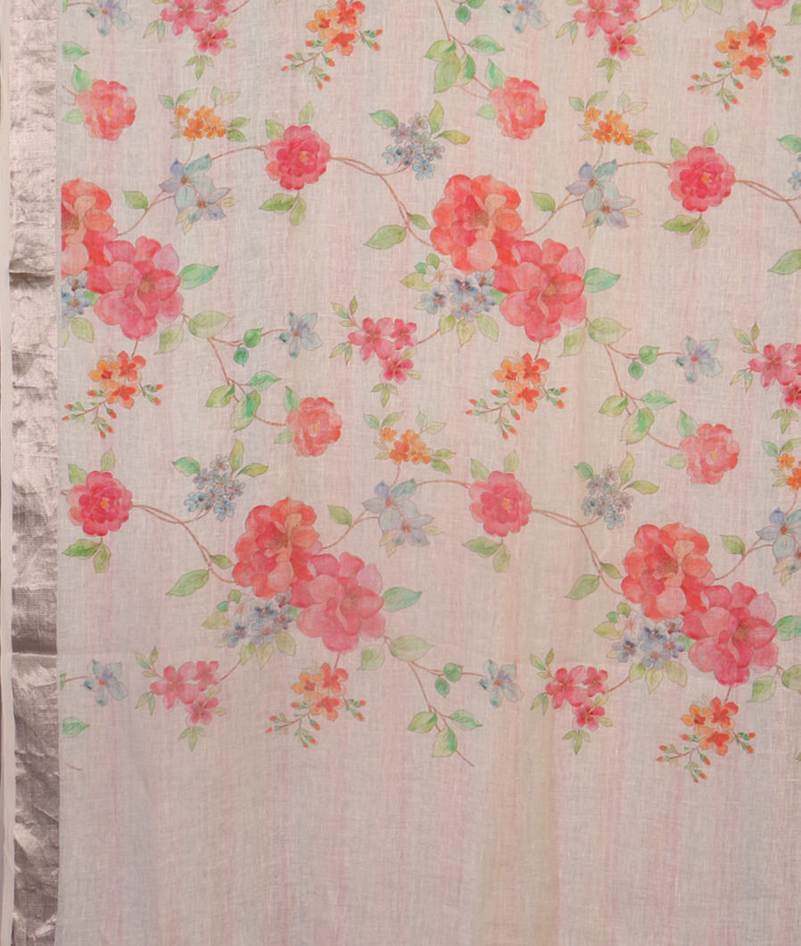 White Linen Printed Saree T4517584