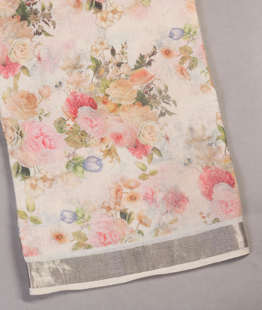 White Linen Printed Saree T451759-image