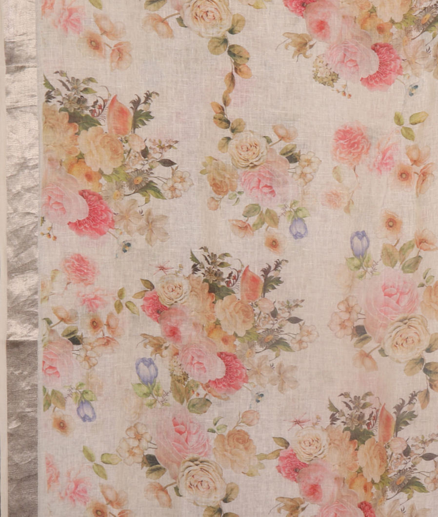 White Linen Printed Saree T4517593