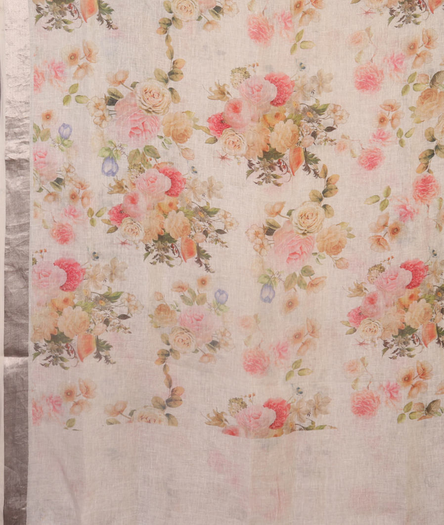 White Linen Printed Saree T4517594