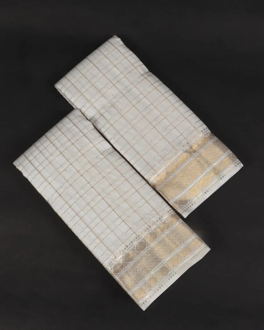 White Handwoven Kanjivaram Silk Dhoti and Vastharam T387878-image