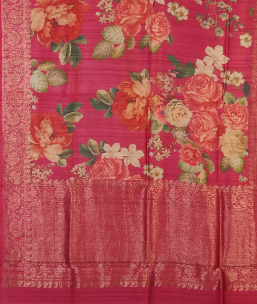 Pink Printed Banaras Tussar Georgette Saree T4513844