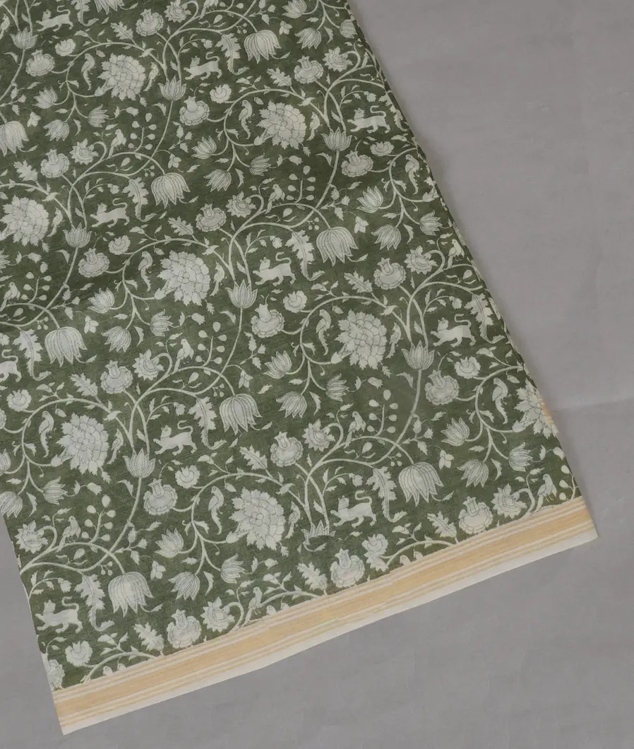 Green Printed Cotton Saree T423805-image