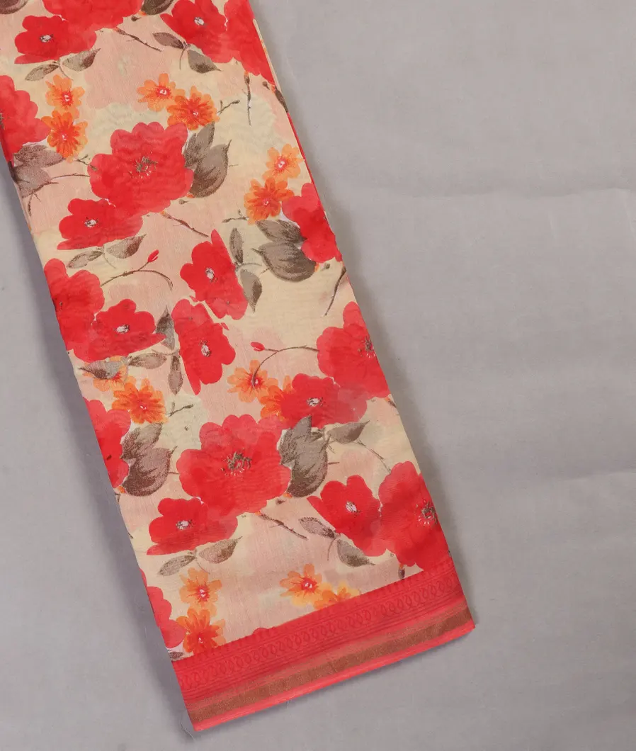 Off-White Soft Printed Cotton Saree T451874-image