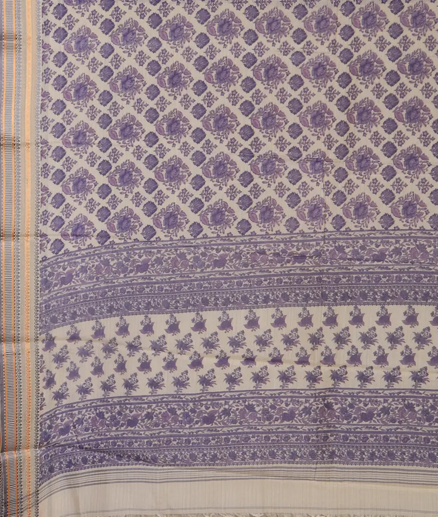 Off-White Printed Cotton Saree T4533814