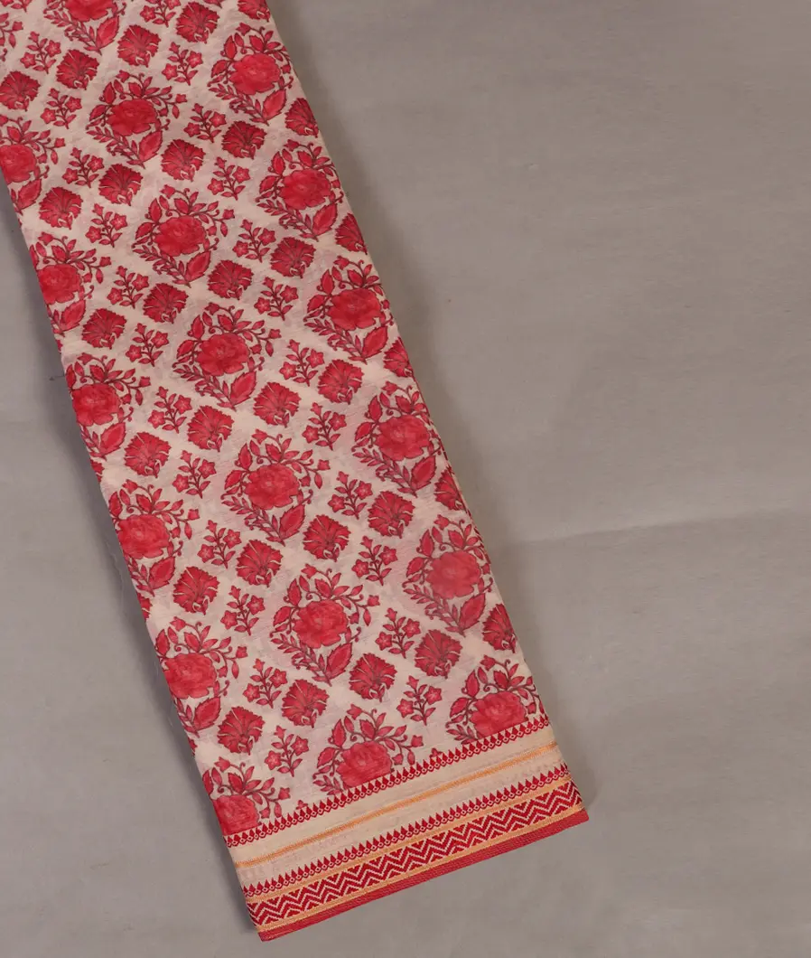 Off-White Printed Cotton Saree T453383-image