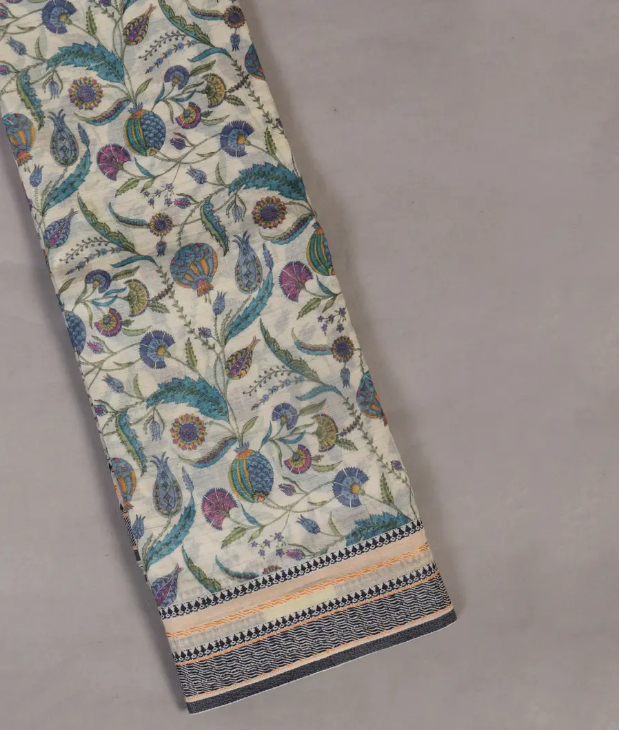 Off-White Printed Cotton Saree T453387-image