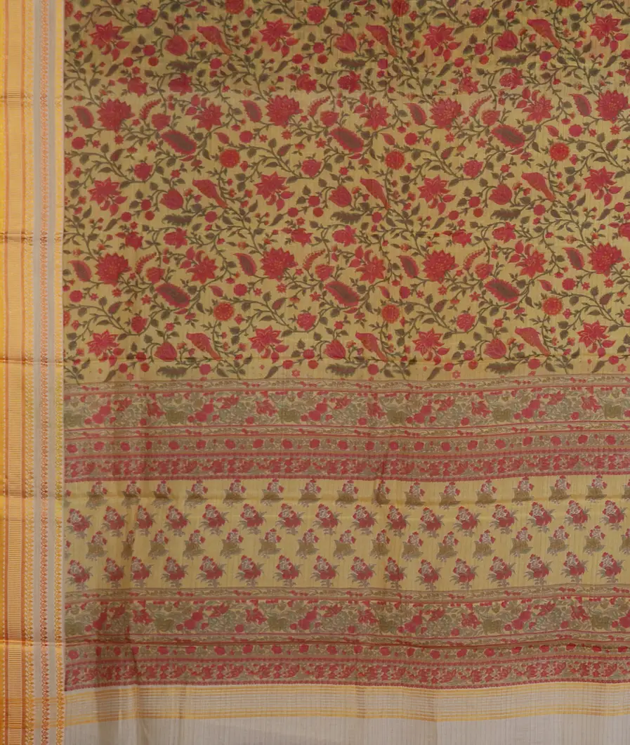 Yellow Printed Cotton Saree T4533584