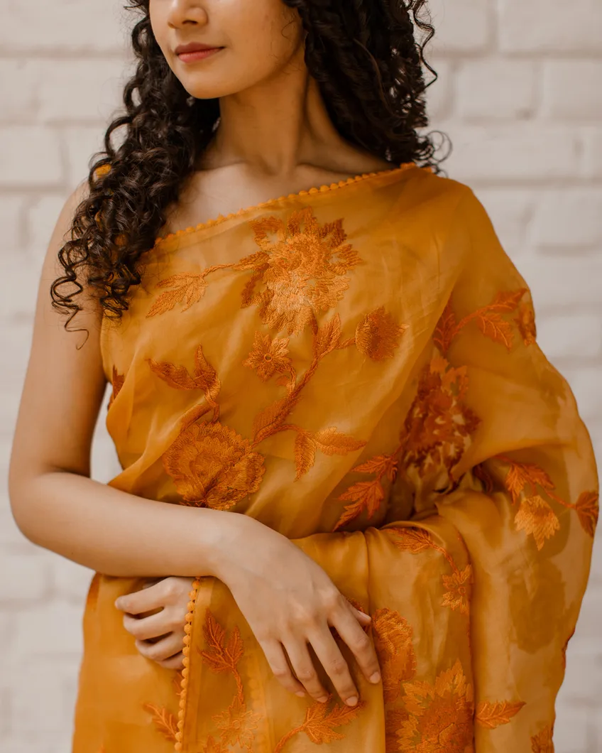 Yellow Kora Organza Embroidery Saree T4330222