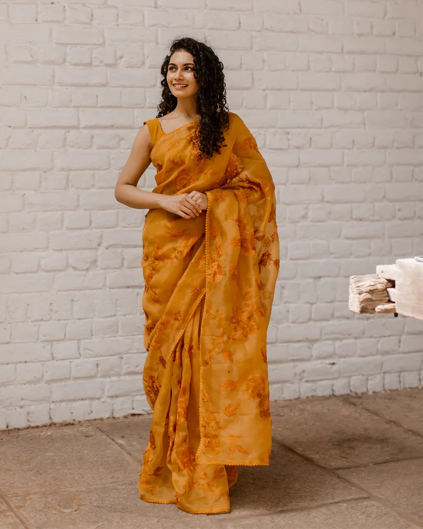 Yellow Kora Organza Embroidery Saree T4330223